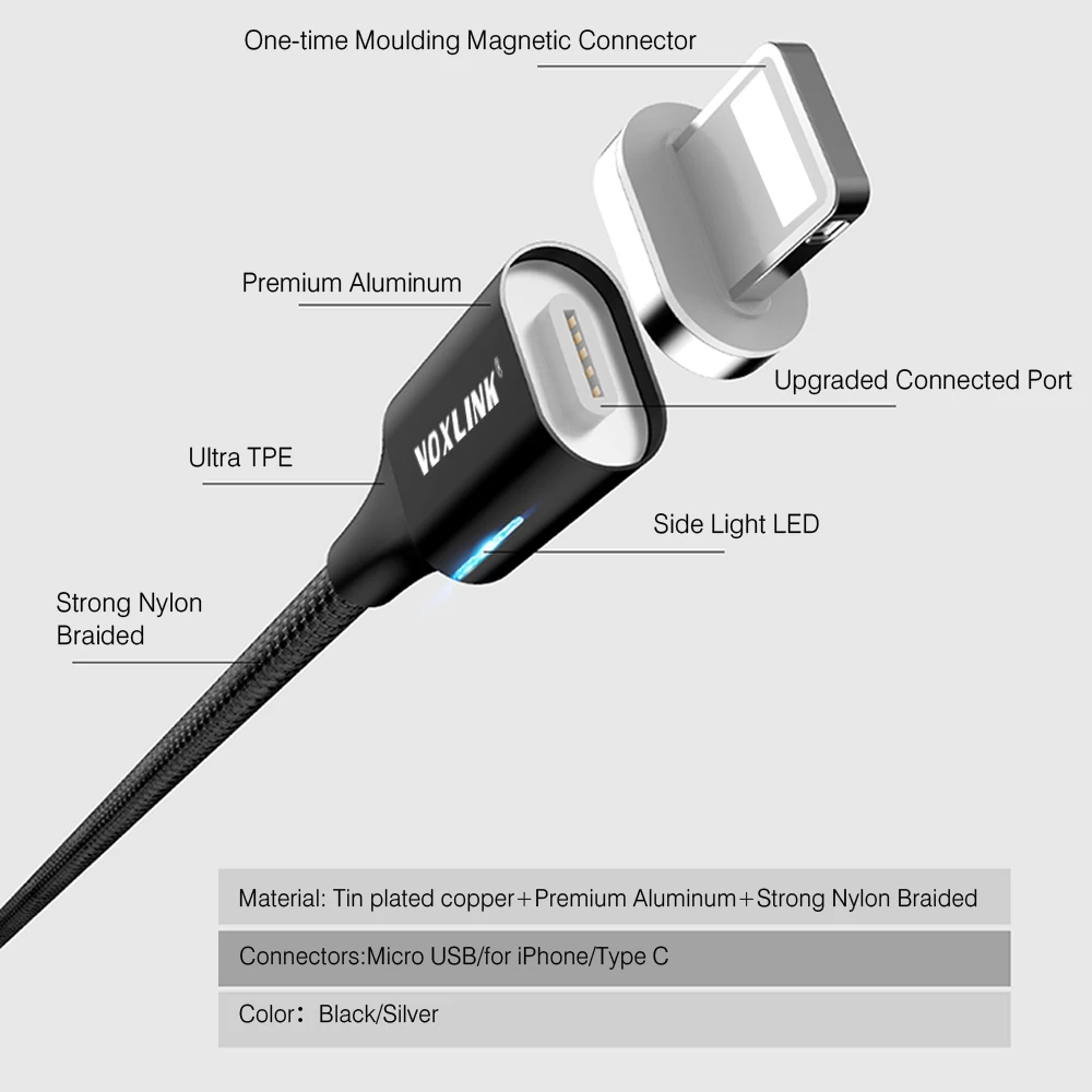 Магнитный кабель VOXLINK Micro usb Type C адаптер для быстрой зарядки телефона магнитное
