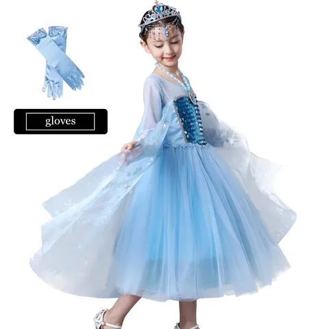 Elza Queen/платье для девочек; Детский Рождественский карнавальный синий костюм; Платье принцессы для малышей; Вечерние платья с длинными рукавами; vestidos