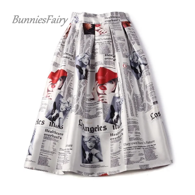 BunniesFairy, осень, 50 s, 60 s, Ретро стиль, для девушек, газетный принт, высокая талия, плиссированная, расклешенная юбка миди, Saia Longa Plissada - Цвет: 01