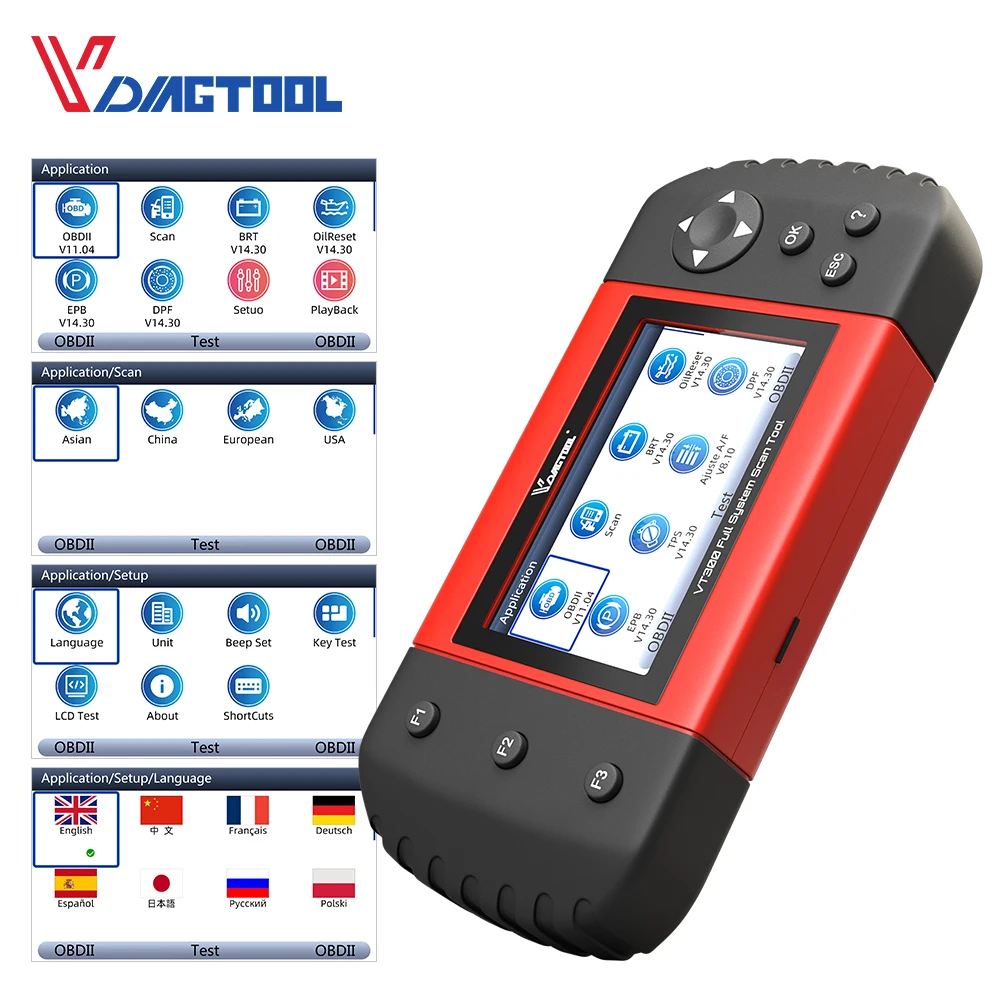 VDIAGTOOL VT300 Auto Diagnostic Scanner EPB DPF DRP BRT OBDII OBD2 Support Multi Car Models Automotive Tools |