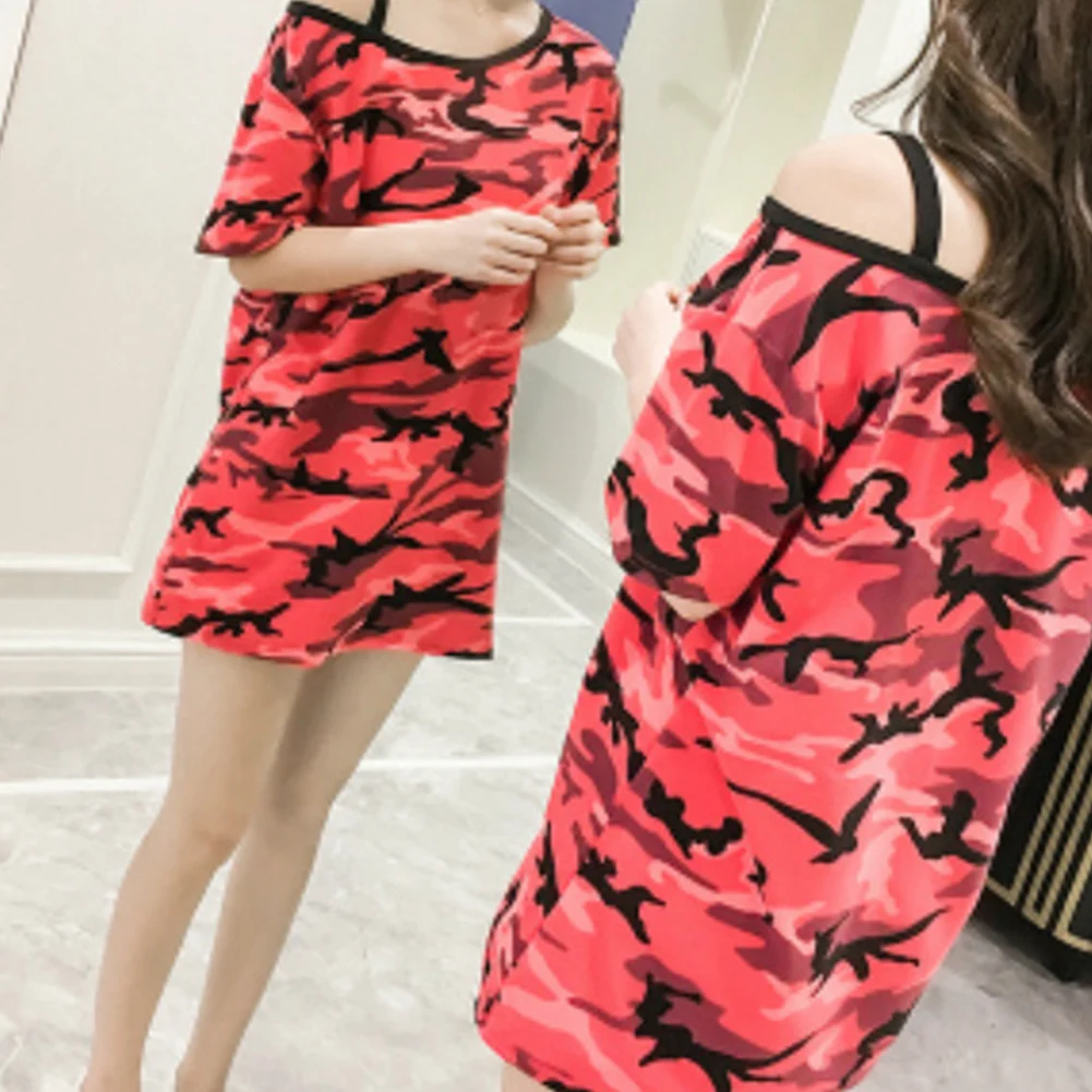 Камуфляжное платье-футболка женская летняя сексуальная с открытыми плечами