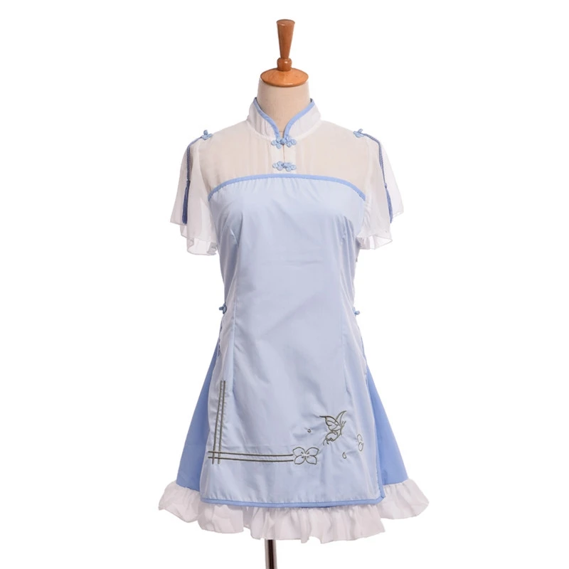 Девушки Светло синий Сладкий китайский Лолита Cheongsam платье Урожай Qipao Стиль шифон