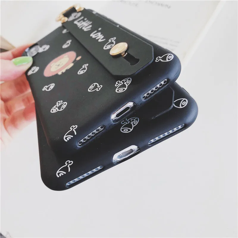 Wrist Strap Soft IMD Phone Case For iphone 7 8 6 6s plus X Xs max XR Cute cartoon animal lion black |