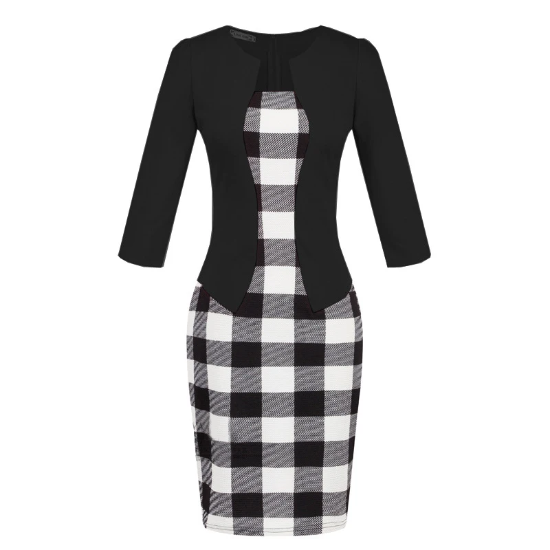 PlaidBlack Европейские платья, новое клетчатое платье с рукавами, поддельная деловая одежда, посылка, платье-карандаш, платье с поясом, vestidos LH708 - Цвет: PlaidBlack