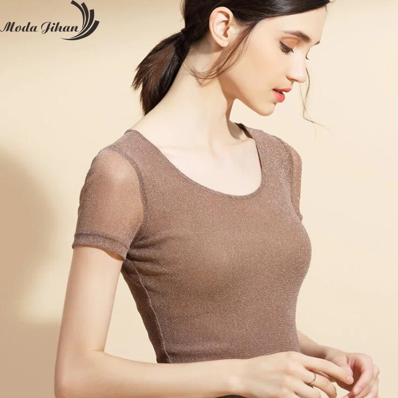 Moda Jihan женская рубашка с блестками блестящая сетка короткий рукав круглым