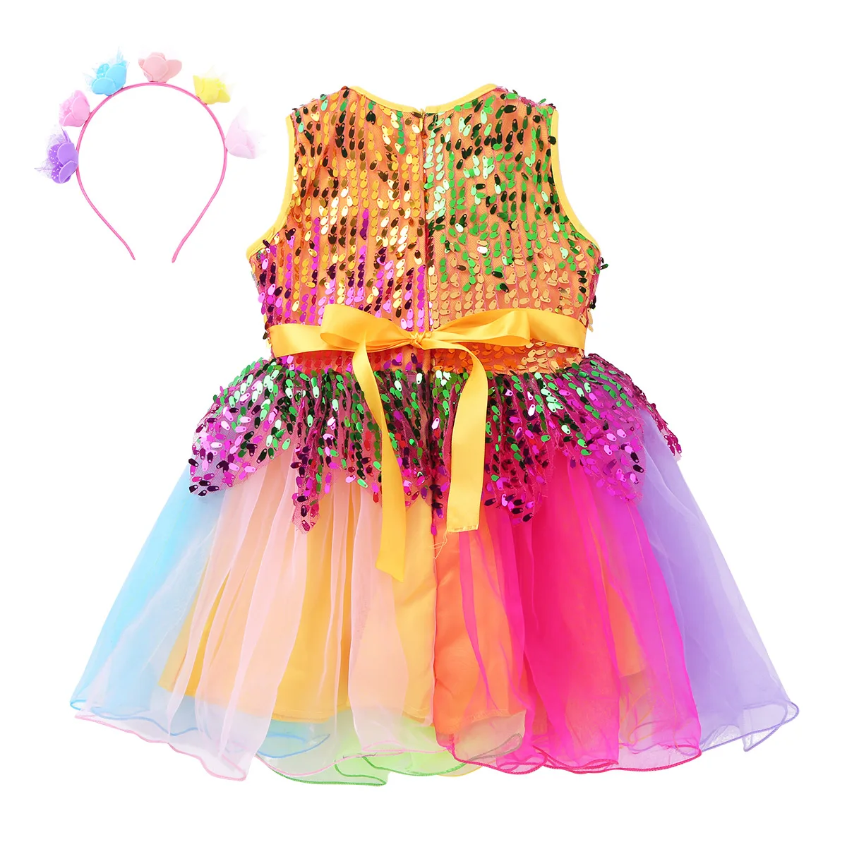 Балетное платье без рукавов с блестками для девочек из тюля цветами и радугой