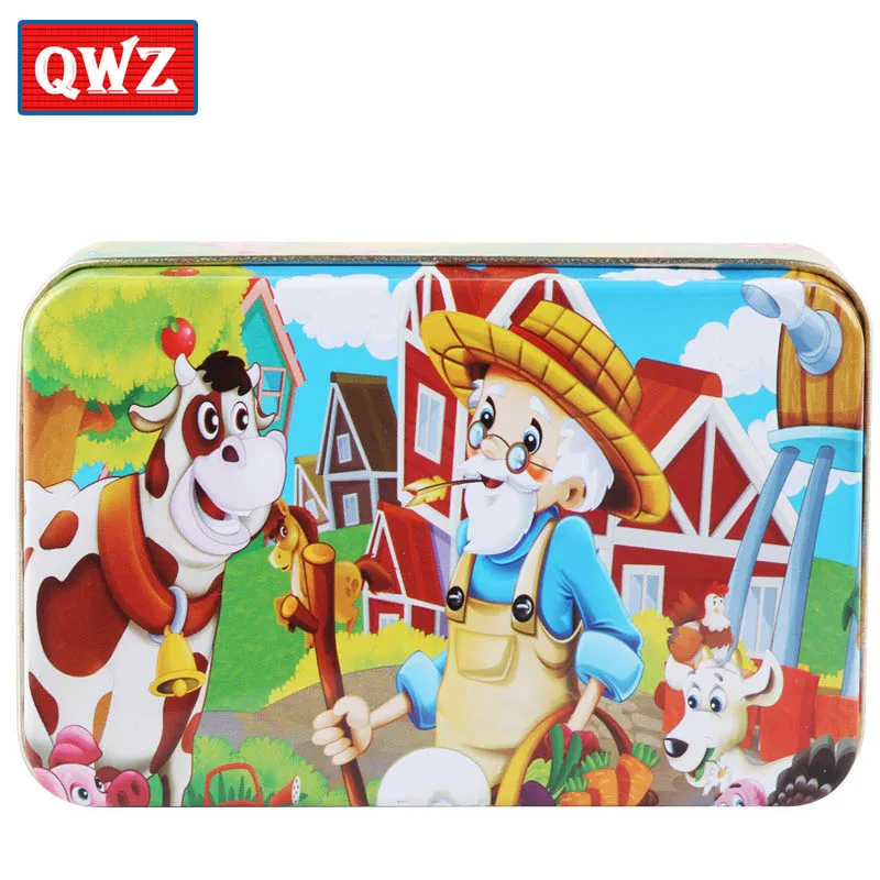 QWZ 60 шт. 3D DIY деревянные головоломки обучающая игрушка милая головоломка железная коробка Мультяшные персонажи животные Раннее Обучение для детей Подарки