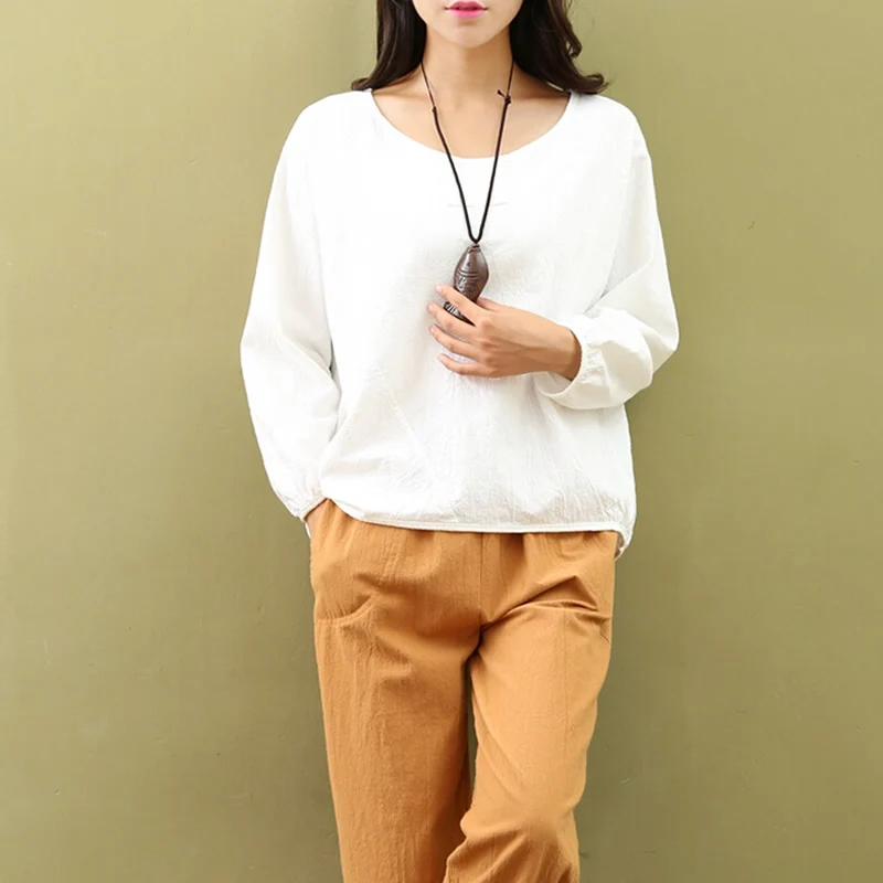 Летняя Женская Ретро дышащая футболка с круглым вырезом и длинным рукавом из