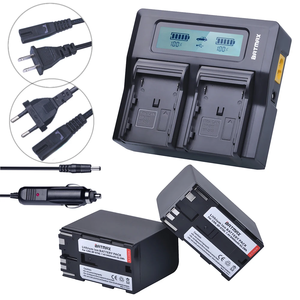 Batmax 2 шт. 8400 мАч BP-970G BP 970 г BP-975 Камера Батарея+ ЖК-дисплей быстрого двойной Зарядное устройство для Canon XLH1 XHG1 XHA1 XL2 XM2 XH G1S XF305