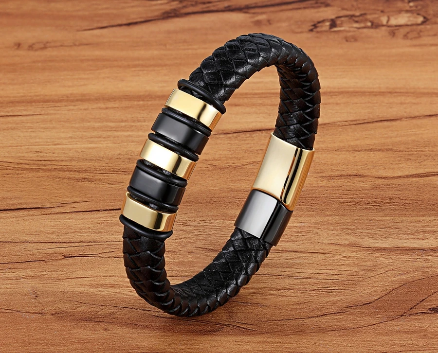 XQNI крутой панк черный золотой Нержавеющая сталь Магнитная кнопка дизайн натуральная кожа браслет для мужчин модные браслеты мужской подарок