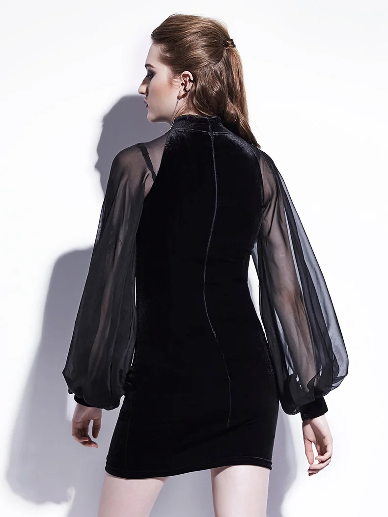 Женское велюровое платье Ципао с длинным рукавом фонариком весеннее Черное