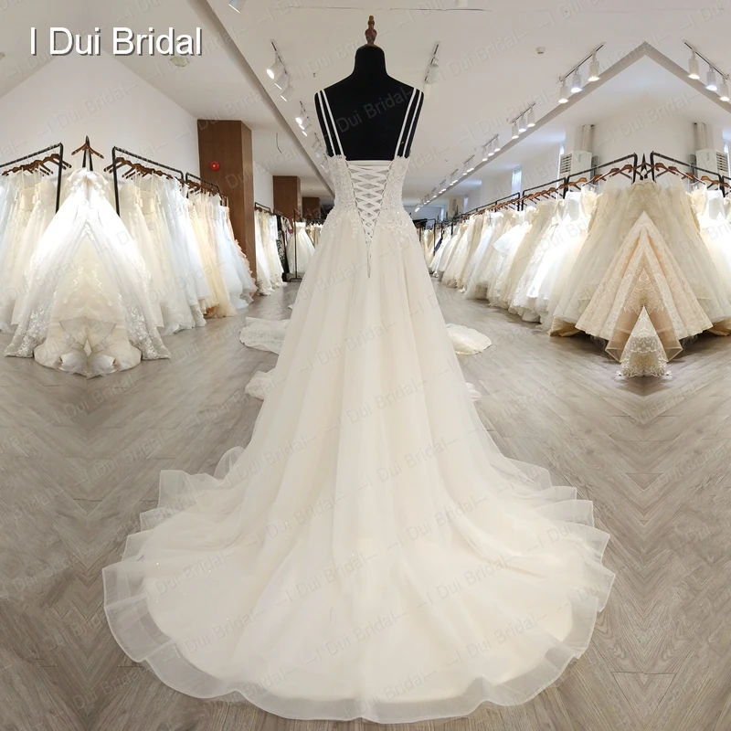Unique Lace Tulle Wedding Dress A Line Spaghetti Double Strap Bridal Gown High Quality Custom Made
