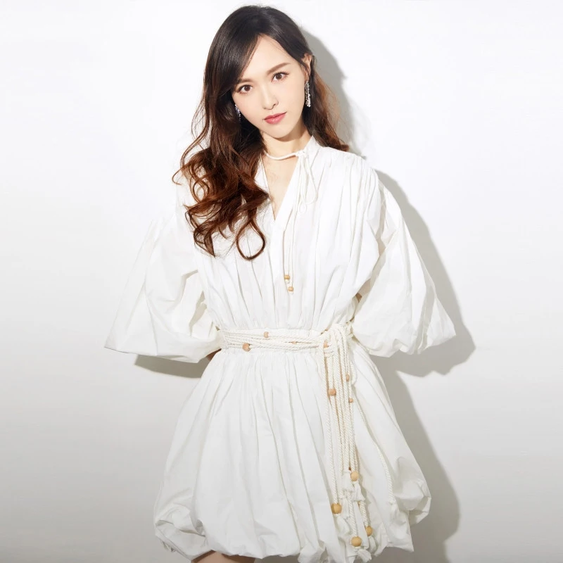 Women Cotton White Dress 2019 Spring Runway Half Lantern Sleeve Tunic Party Tassel Sashes Elegant Casual Gown Mini | Женская одежда