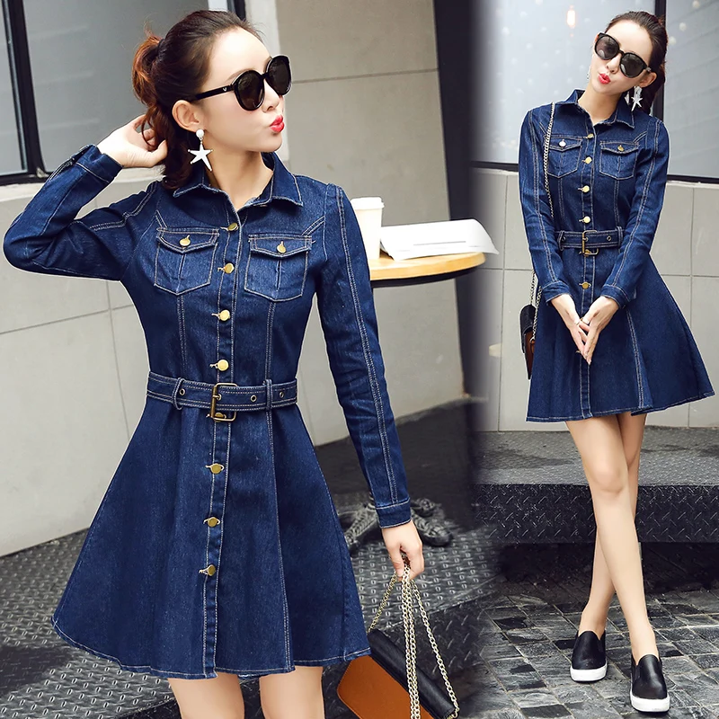 

New Spring Autumn Women Dresses Fashion Single Button Pockets Sashes Slim Solid A-Line Jeans Dress For Women Denim One-Piece
