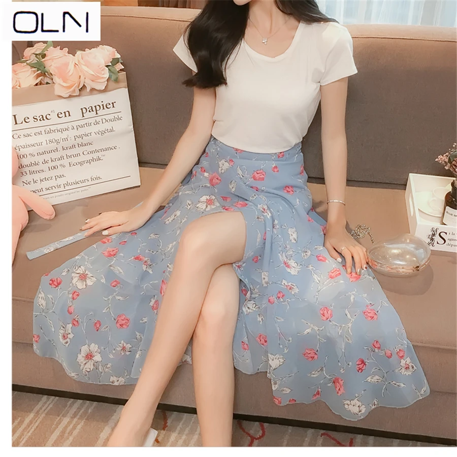 Юбка шифоновая Vestidos OLN Женская цельная кружевная Асимметричная Цветочная юбка