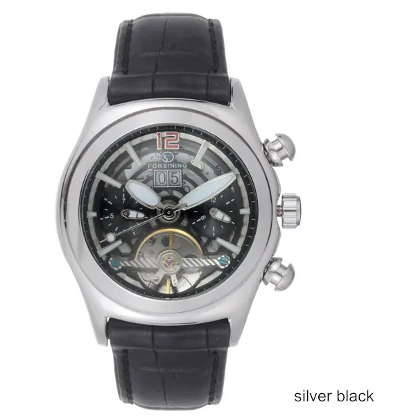 SilverBlack Forsining выпуклая стеклянная стильная Tourbillion 3D дизайнерская Натуральная кожа ремешок мужские часы лучший бренд класса люкс автоматические часы - Цвет: SilverBlack