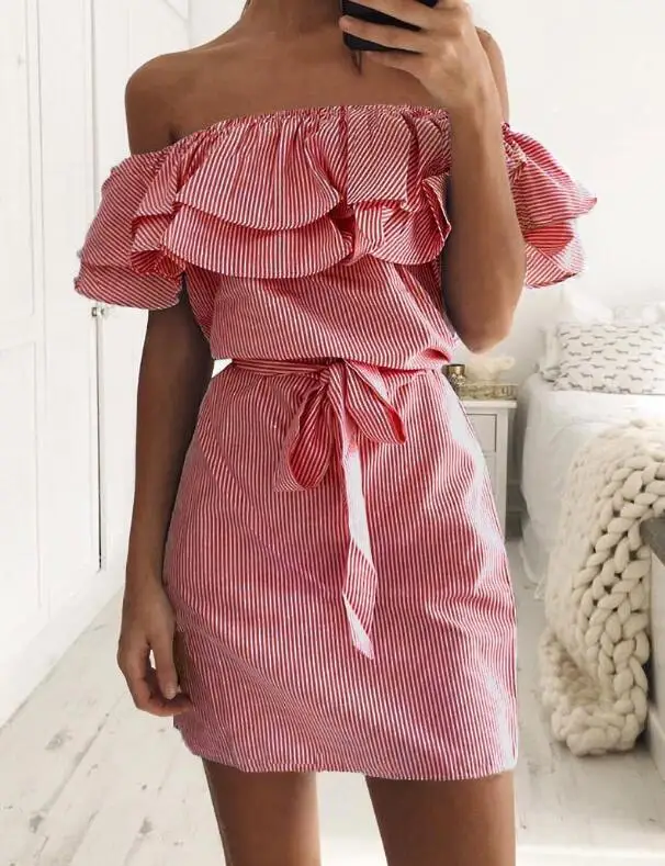 Летнее платье для Для женщин Полосатый оборками Slash шеи облегающее мини вечерние