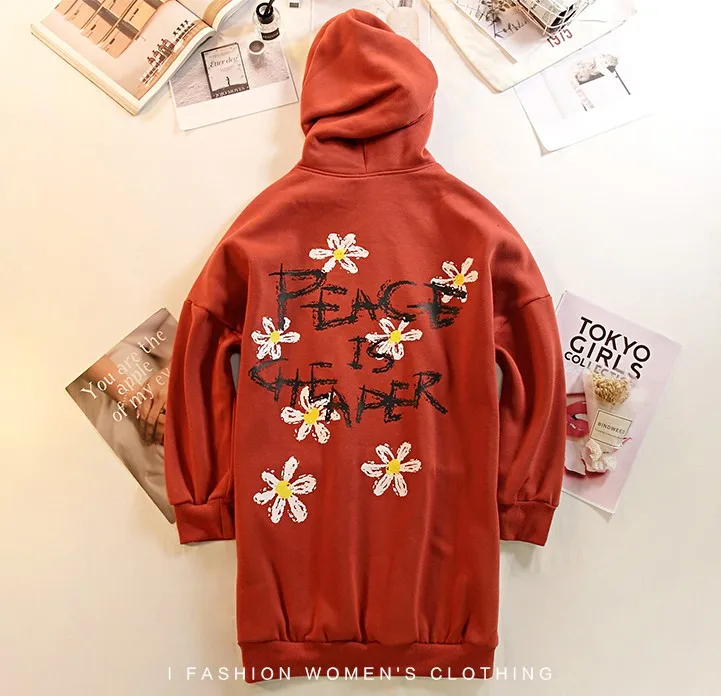 orange red JKKUCOCO новые женские толстовки с буквенным принтом цветы толстовки с капюшоном женские толстовки пуловеры свободные длинные зимние толстовки - Цвет: orange red