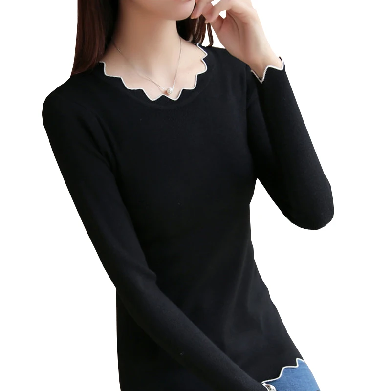 Пуловер женский трикотажный однотонный с рукавами-бабочками и оборками осень 2021