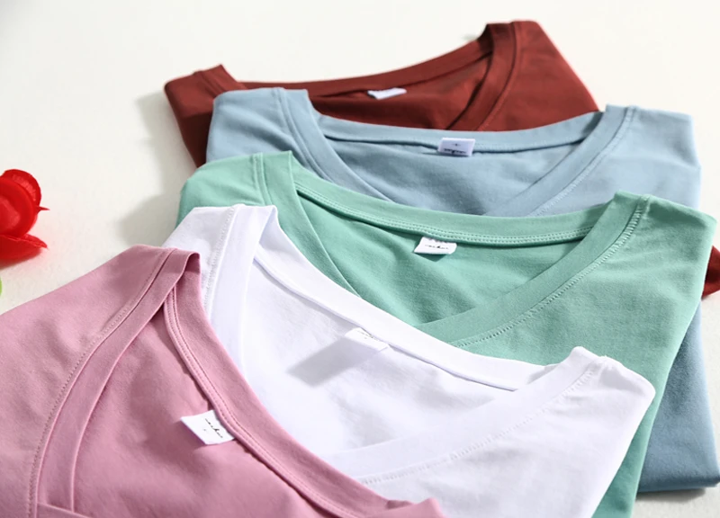

Casual 95% Cotton v-neck T Shirt Short Sleeve Women Summer Basic T shirt Plus Size 3XL solid Color T-shirt big size Tee Female
