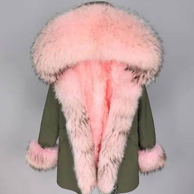 green pink A Зимняя женская куртка, пальто из натурального меха енота, воротник из кроличьего меха, Толстая теплая уличная одежда, бренд класса люкс, отстегивается - Цвет: green pink A