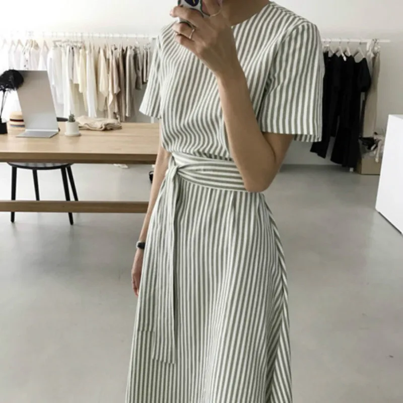 Женское летнее длинное Полосатое платье с повязкой, Vestidos с поясом, повседневное облегающее зеленое платье, Femme Sukienki Vestiti Donna