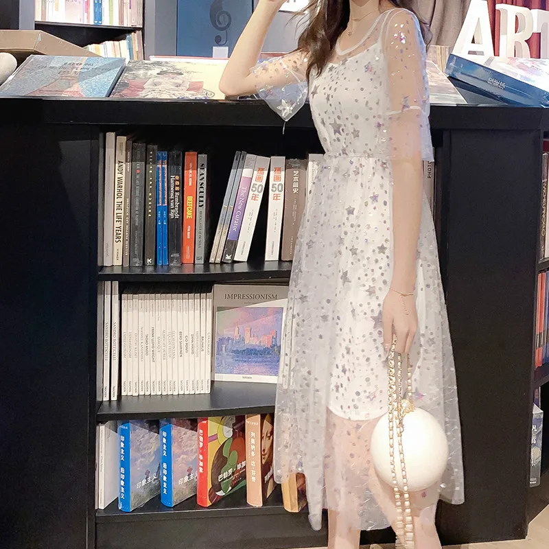 Женское Сетчатое платье средней длины с блестками разноцветное феи коротким