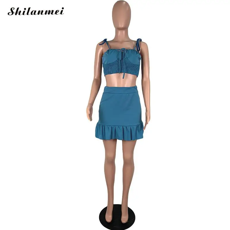 

Sexy Club 2 Piece Set Women Spaghetti Strape Bandage Crop Top And Bodycon Short Skirts Sets Ladies Fashion Ccasual 2 Piece Set