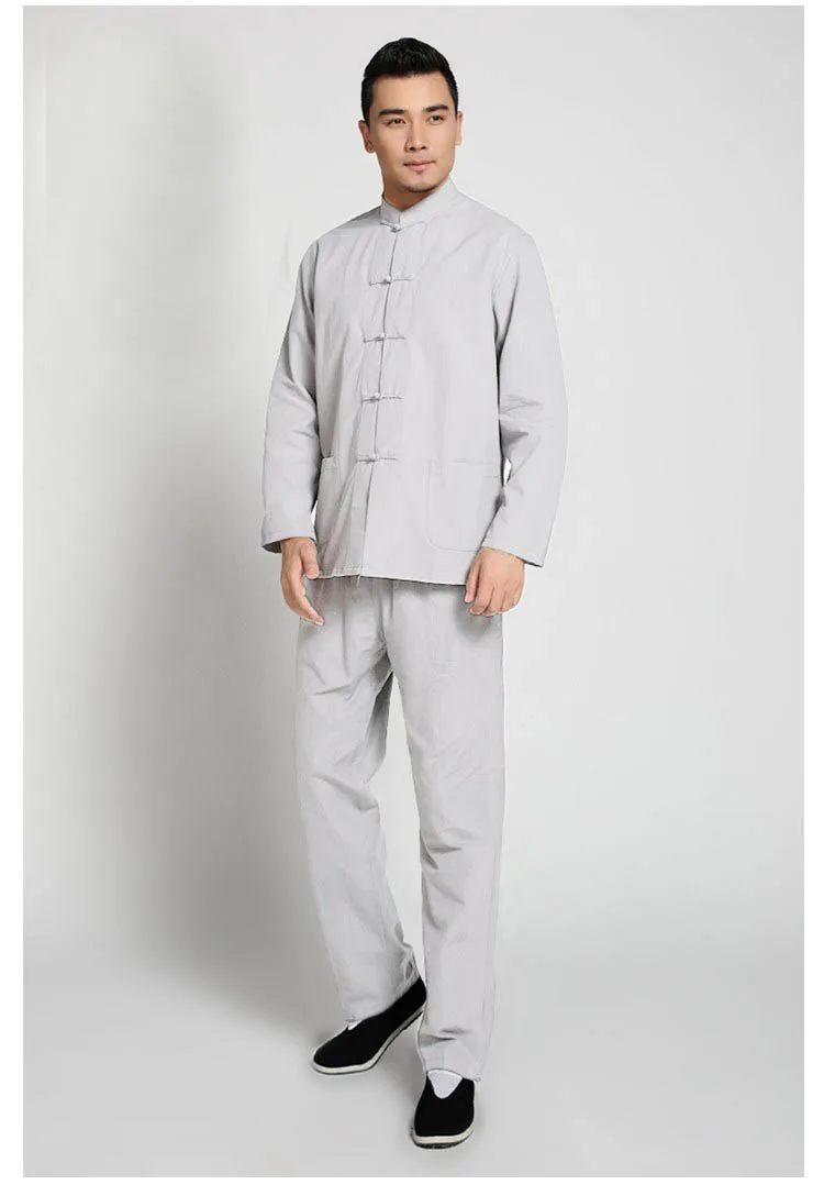 light gray Китайские мужские одноцветные Костюмы кунг-фу размера плюс, хлопок, свободные комплекты Wu Shu Tai Chi, куртка и брюки, M L XL XXL 3XL 4XL, YZT090610 - Цвет: light gray