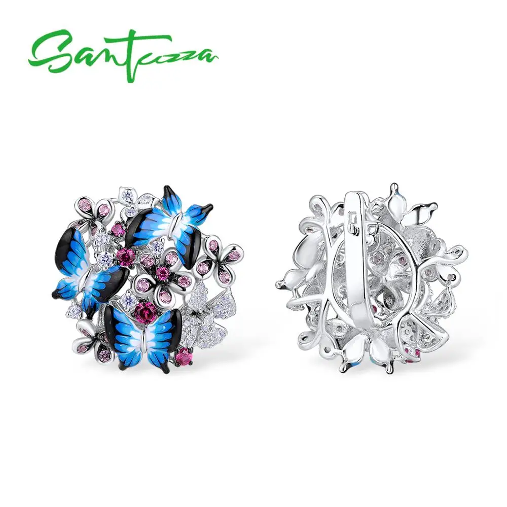 SANTUZZA, серебряные серьги для женщин, 925 пробы, серебряные серьги, кубический цирконий, нежная голубая бабочка, модное ювелирное изделие, эмаль