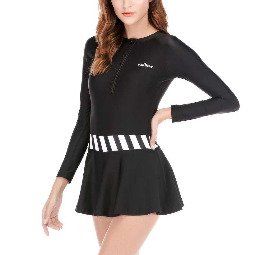 Женский тонкий цельный спортивный купальник с длинными рукавами консервативная