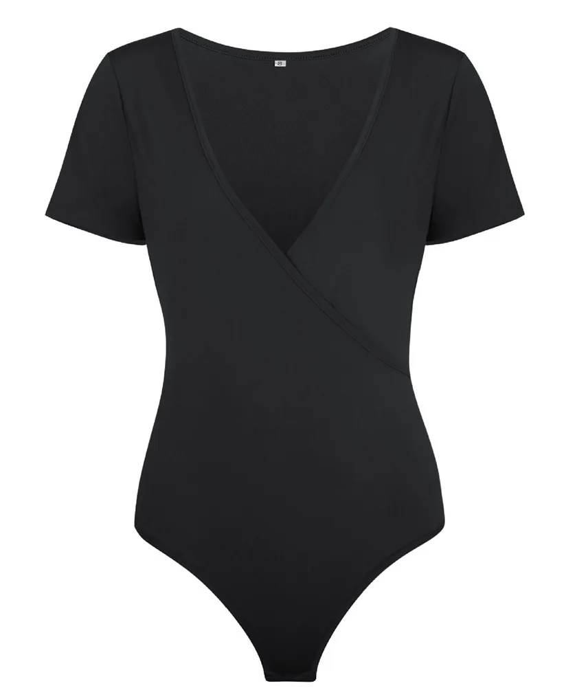 Black Moxeay боди с глубоким крестом и v-образным вырезом, эластичный пояс, короткий рукав, эластичный обтягивающий комбинезон, Однотонный женский комбинезон для офиса, повседневный комбинезон - Цвет: Black