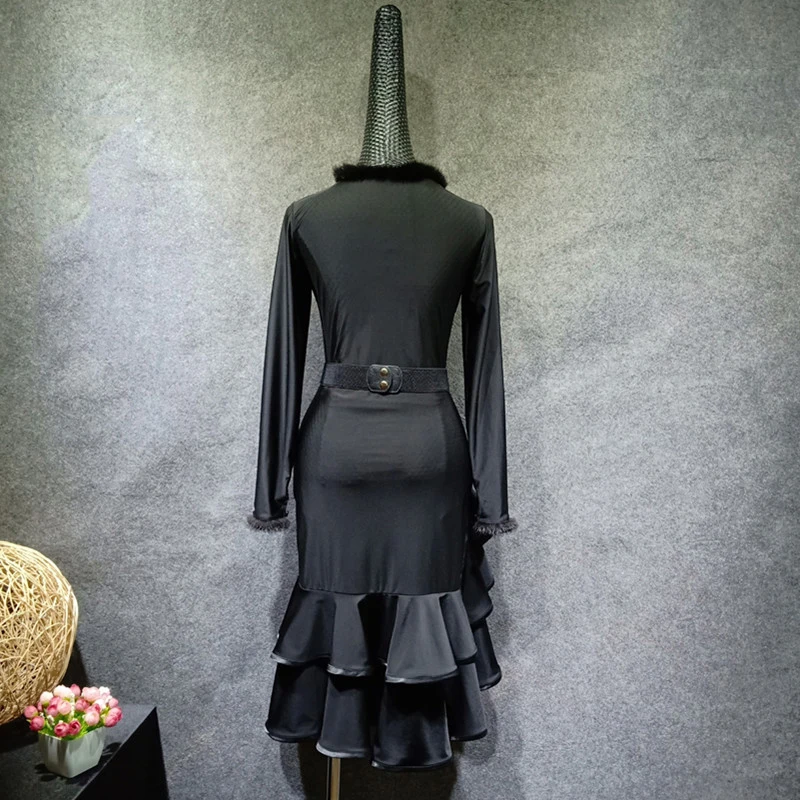 Женское платье для латиноамериканских танцев черное с длинным рукавом и юбкой в