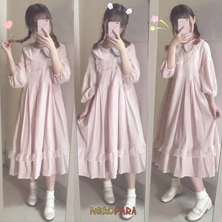 

The Bisque Doll Cute Women's Lolita Half Sleeve Long Dress Bow Golden Line Embroidery Peter Pan Collar One Piece 3 Colors