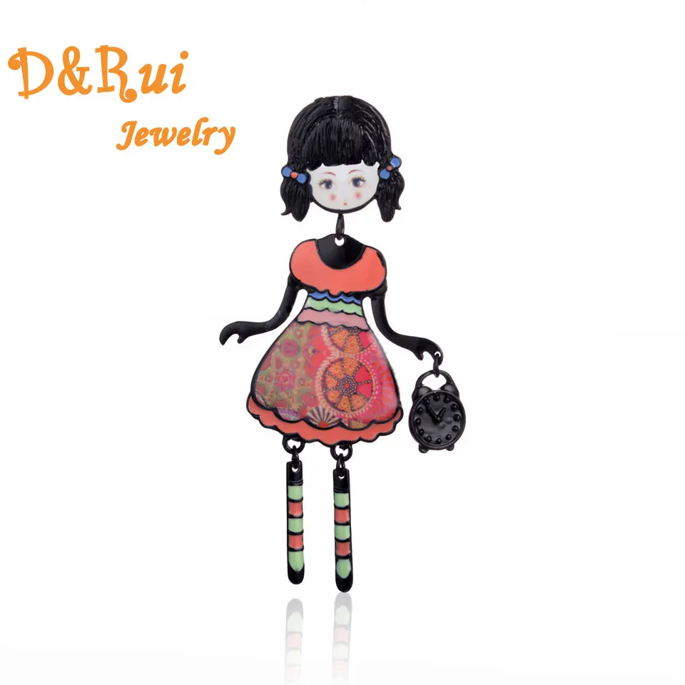 Винтажная кукла с часами брошь черная металлическая Женская эмалированная