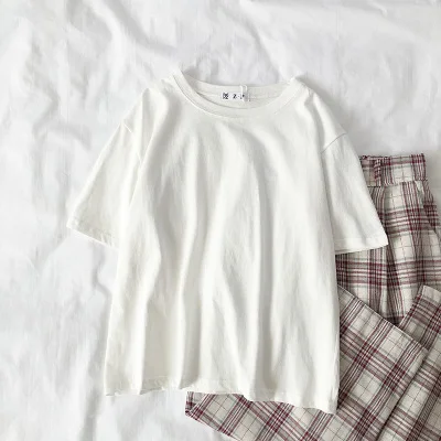 white top Новинка, модные корейские женские комплекты, повседневная Однотонная футболка с коротким рукавом+ Ретро клетчатые Широкие штаны, летний костюм из двух предметов - Цвет: white top