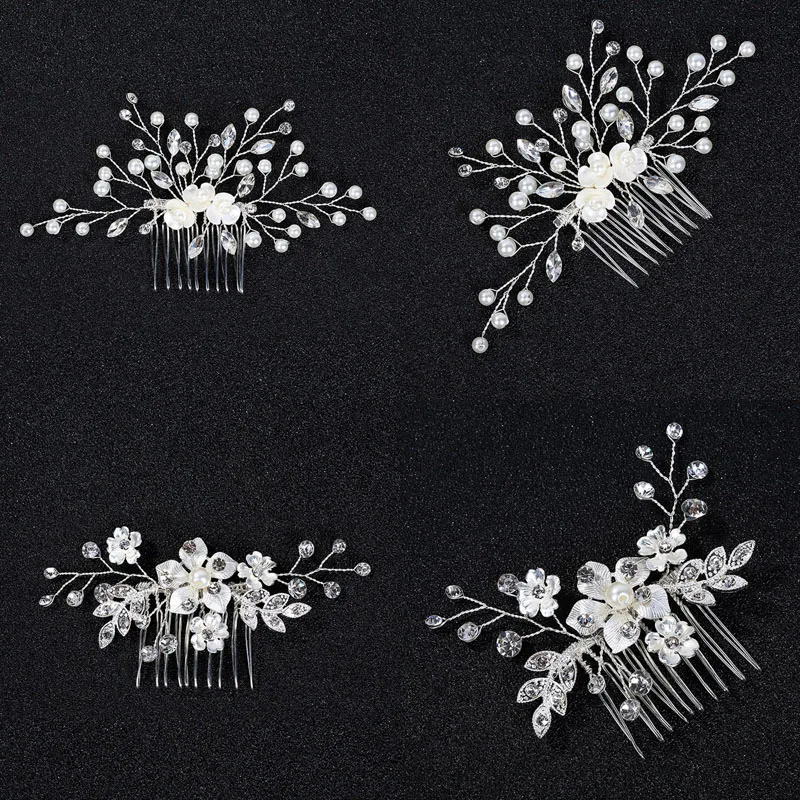 

SLBRIDAL Rhinestones Pearls Flower Wedding Hair Comb Bridal Headpieces Crystal Hair Accessories Bridesmaids Women Jewelry