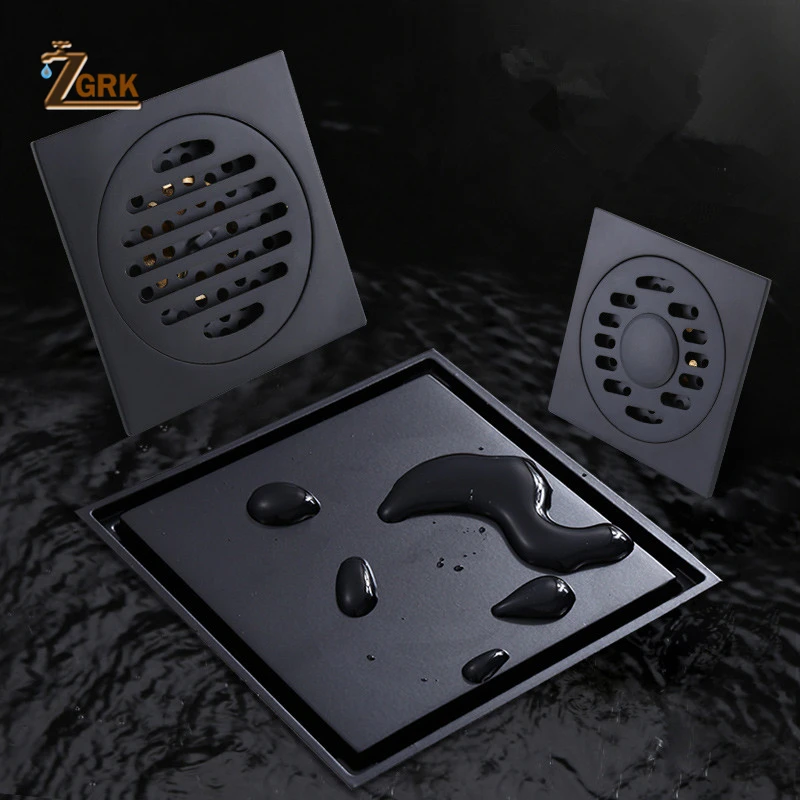 ZGRK Black Brass Floor Drain Deodorant 100x100mm Square Anti-odor Linear Shower Drain Bathroom Balcony Shower Drain Hair Catcher