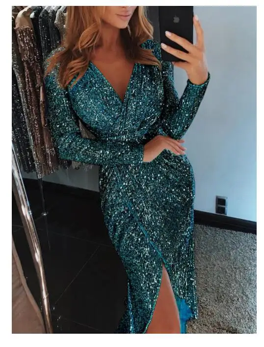 Женское облегающее платье Yesexy однотонное с длинным рукавом и глубоким вырезом