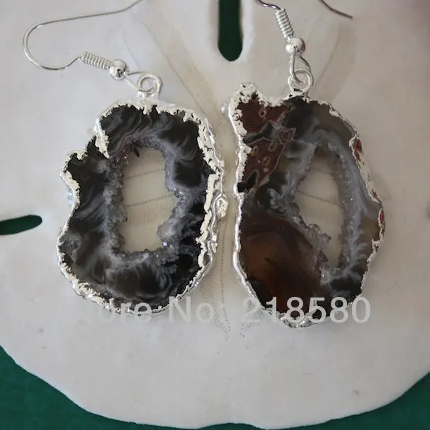 H QE04 5 парт/Лот черные серьги с серебряным покрытием|earrings geodes|geode slice earringsdruzy agate