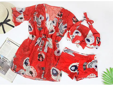 Red Bikini 3 Pcs Парные купальные костюмы из 3 предметов, комплекты бикини, одноцветные мужские пляжные шорты, купальный костюм с принтом для влюбленных, сексуальный комплект бикини - Цвет: Red Bikini 3 Pcs