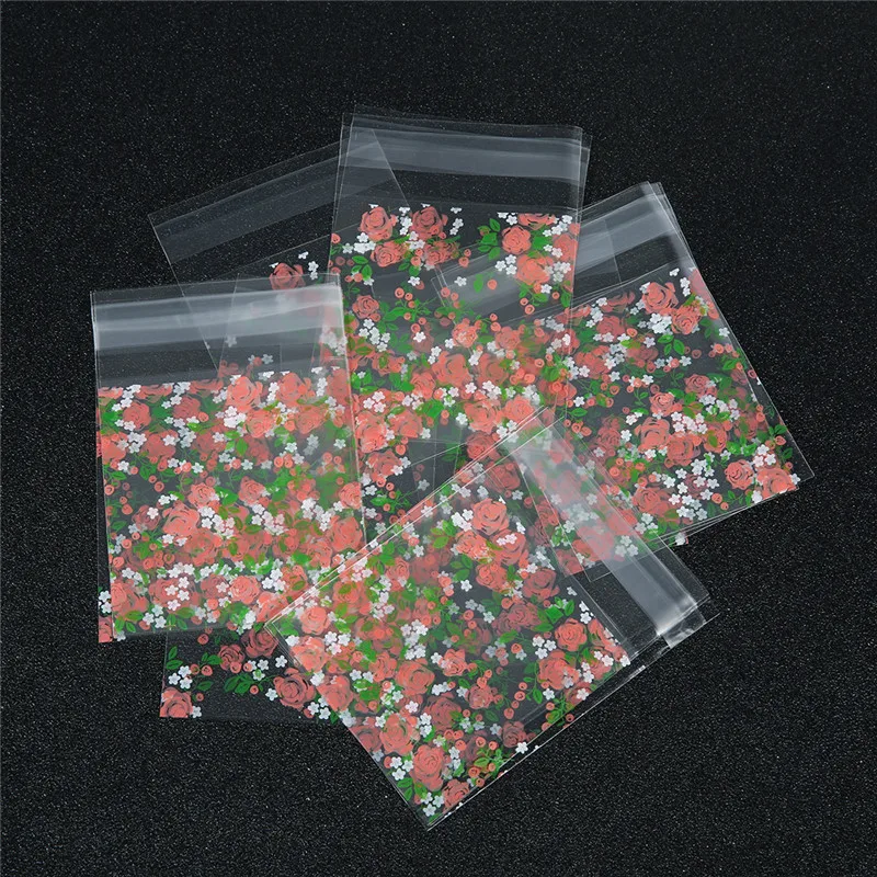 100pcs/lot Rose Flower Pattern Transparent Festive Gift Bags Cello Self-adhesive Cookie for Christmas Package | Украшения и