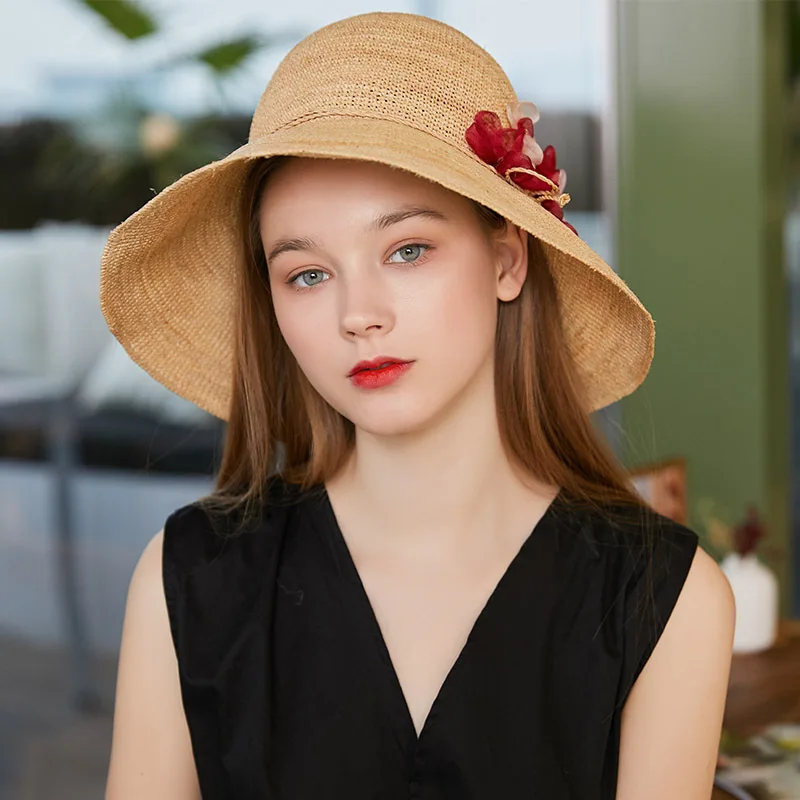 Шляпа от солнца из рафии женская летняя пляжная шляпа с цветами и солнцезащитным