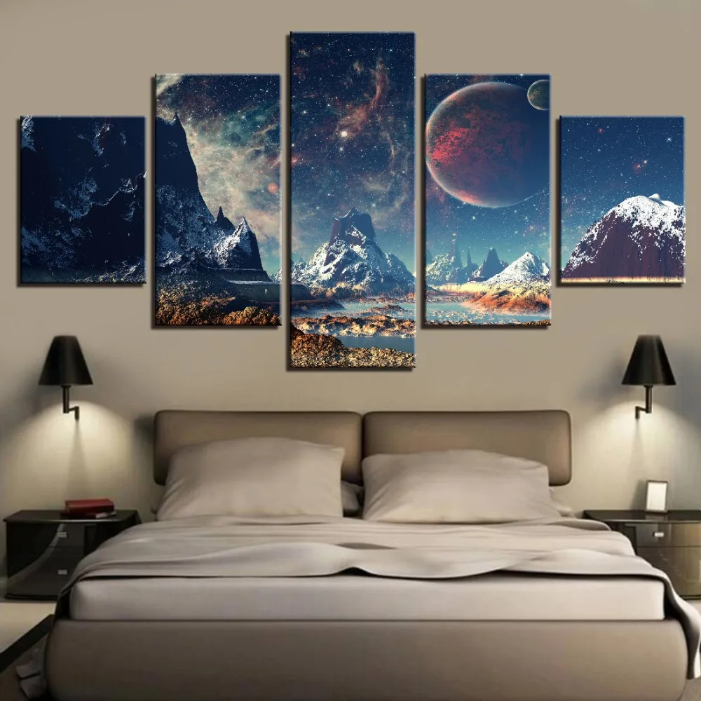 Домашний декор hd-принты на холсте стены книги по искусству фотографии 5 шт. горы и пространство живопись набор планета снег озеро Galaxy плакат Framewor