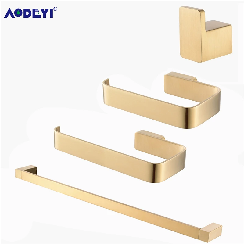 

Luxury Bathroom Hardware Set Brushed Gold Brass Robe Hook Paper Holder Towel Rail Shelf Wall Mount Bathroom Accessories