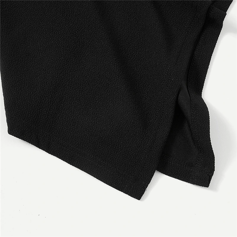 SHEIN Однотонный Топ С Асимметричным Низом И Молнией Женская Черная Классическая Блузка С Длинными Рукавами