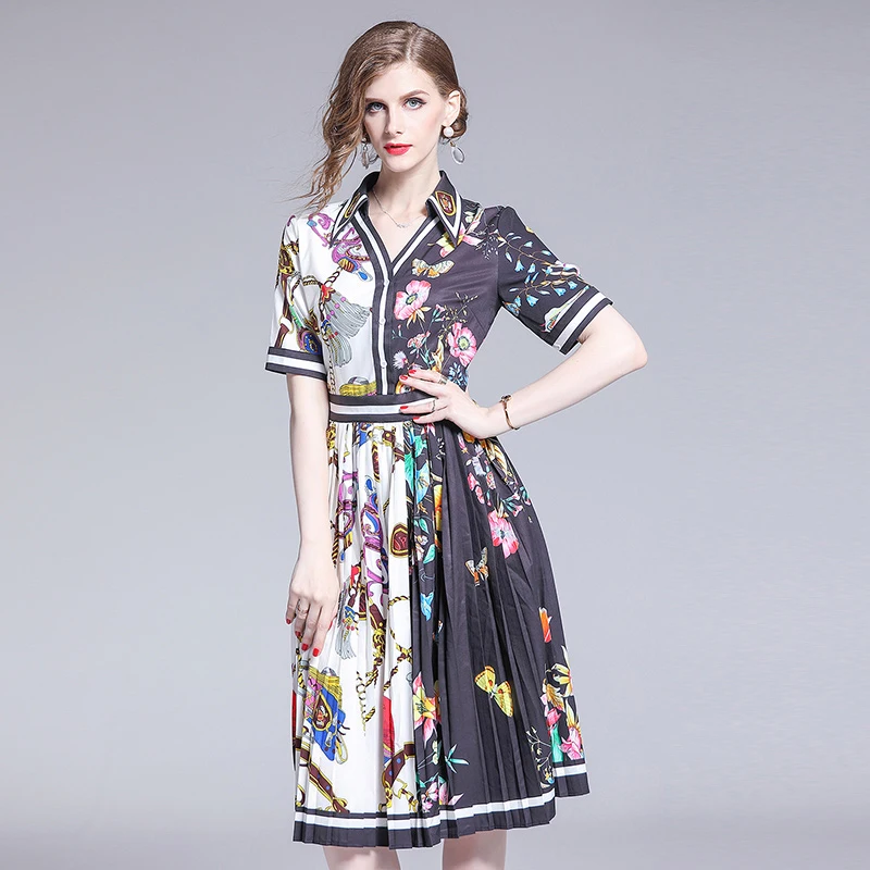 2019 new women's dresses with Print and Pleated dress Streetwear V-Neck | Женская одежда