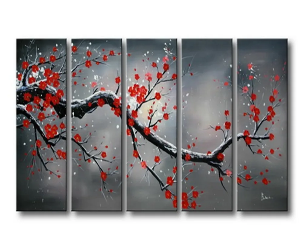 

Cherish Art 100% Hand Painted Oil Paintings Red Plum Blooming 5 Panels Wall Art Modern Abstract For Home Decoration