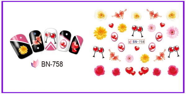 UPRETTEGO 12 упак./лот переводка NAIL ART Наклейки для ногтей на День святого Валентина свадьбы Kiss Bear сладкое сердце чашка любовь BN757-768