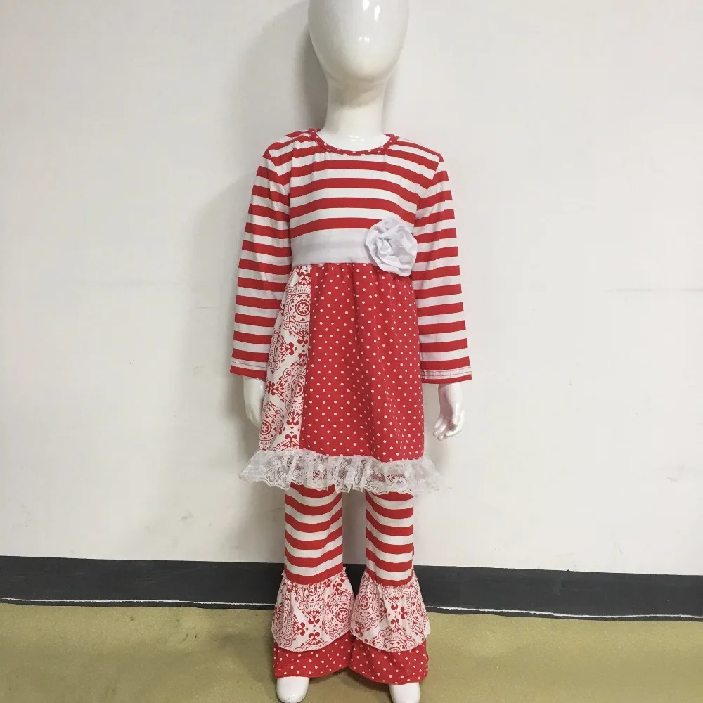 New Designs Girls Boutique Clothing Sets Full Sleeve Floral Ruffle Red Striped Pants Fall Wholesale Baby F194 | Детская одежда и